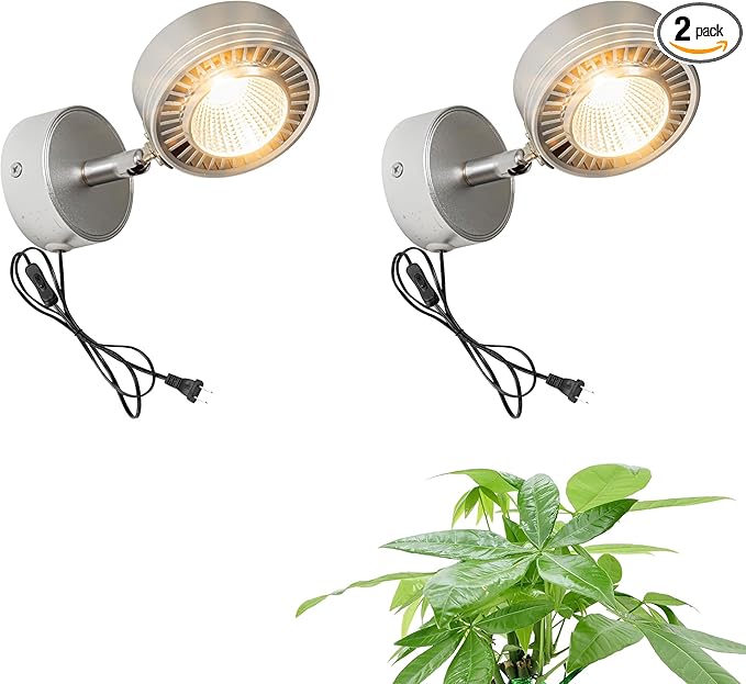 Set of Two Silver Plant Lights Full Spectrum LED Adjusted Angle Wall Lights 10W Warm Light Plug in Cord Spot Lamp Imitation Sunlight for Indoor Home Plants Growing