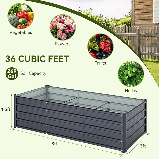 Ohuhu 8x3x1.5FT Metal Raised Garden Bed Outdoor Reinforced Galvanized Steel Rustproof Planter Box 100% Non-Toxic 269 Gal Large Capacity Heavy Duty Raised Beds for Vegetables Flowers Herbs 2-Pack