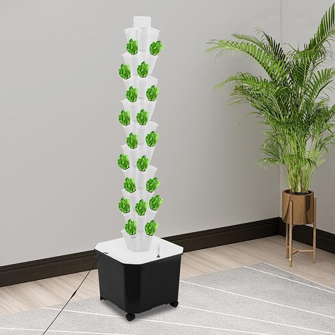 50 Sites 10-Tier Hydroponic Growing Tower 12 Gallon Water Tank with Auto Timer Vertical Indoor Garden System for Vegetables Strawberries &amp Herbs Mobile on Wheels