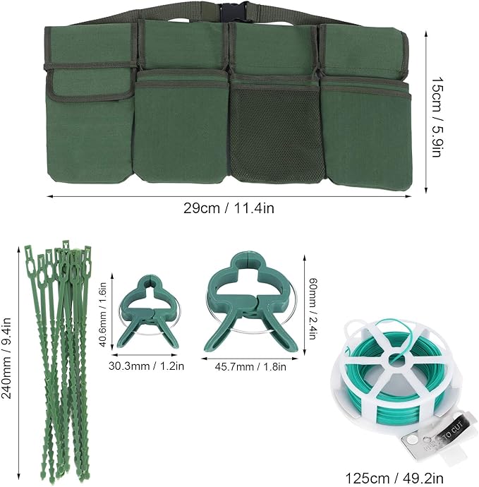 Gardening Tools Set with Green Waist Bag Plant Support Clips and Adjustable Cable Ties Kit sturdy Canvas Material for Professional Gardeners