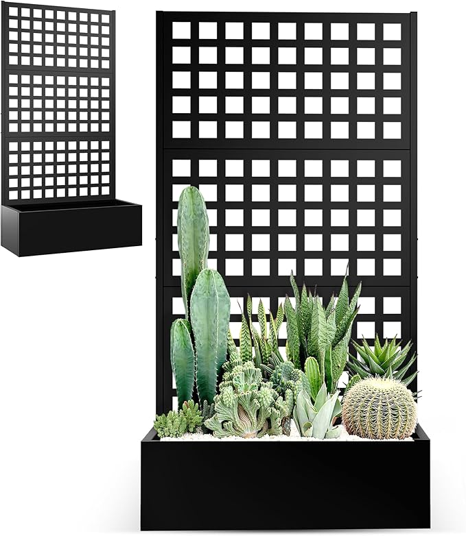 Metal Planter Box with Trellis Raised Garden Bed for Climbing PlantsPrivacy Screen with Garden BoxesDrainage Hole for Vegetables Flowers Vines (35 L×16 W×71 H Black)