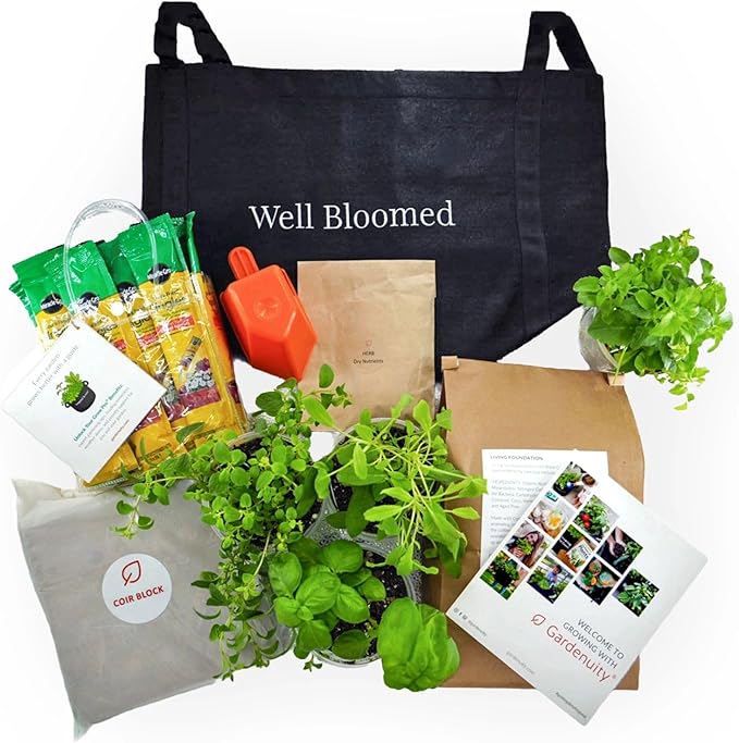 Gardenuity Well Bloomed Garden – Edible Flower and Herb Garden Kit Live Bonnie Plants Miracle-Gro Plant Food Soil &amp 5-Gallon Grow Bag – Limited Edition