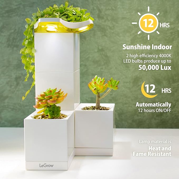 LeGrow Indoor Planter with LED Grow Light Automatic 12 Hours Timer 7 Days Watering-Free 2 Self Watering Pots for Small Plants Home Decor &amp Office Desktop White