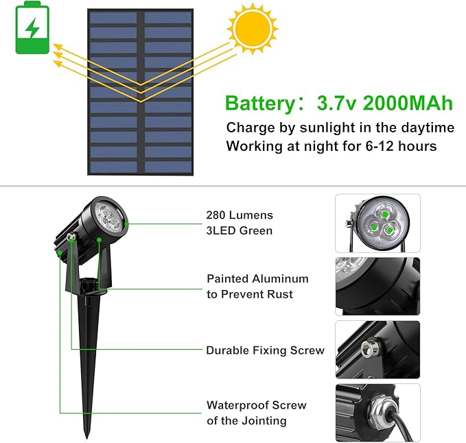 Solar Spot Lights Outdoor Solar Landscape Spotlights IP65 Waterproof 9.8ft CableAuto On/Off Outdoor Wall Lights for Garden Yard Driveway Porch Walkway Pool (6000K White+Green)