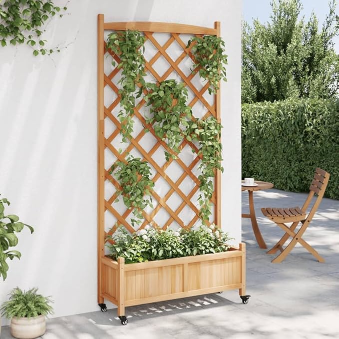 Brown Wood Planter Box with Trellis for Climbing Plants Large Outdoor Flower Pots Gardening Vegetables &amp Herbs on Wheels for Patio Terrace (35.4x13.8x73.8)