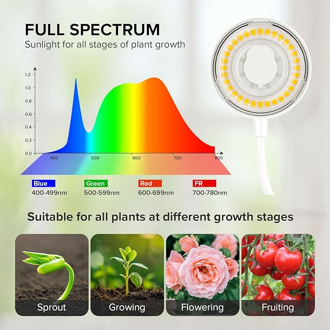 Plant Grow Lights Full Spectrum Clip Plant Growing Lamp 4000K LED Grow Light Indoor 4 Dimmable Levels Adjustable Pot Grow Lamp Auto On/Off Timing 4/8/12H White 2 Pack Succulents