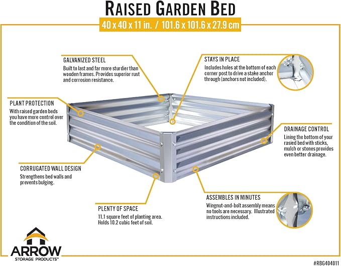 Arrow Sheds GrowIT Galvanized Steel Raised Flower and Plant Bed for The Garden or Greenhouse 40 x 40 x 11