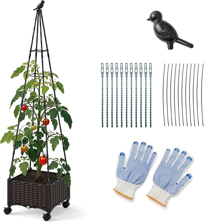 Giantex Raised Garden Bed with Wheels &amp Tomato Cage Self Watering Planter Box with Obelisk Trellis Adjustable Height Indoor Outdoor Planter for Climbing Plant Flower Vegetable Fruit (1)