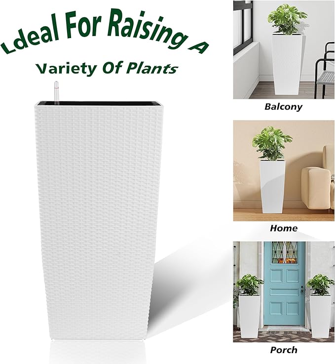 IndoorOutdoor Faux Rattan Square Planter 30 Inch White Plastic Large Planter with Automatic Watering System for Home and G(White 30 Inch 1)