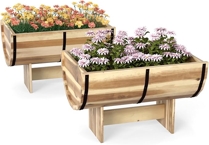 Giantex Set of 2 Half Barrel Raised Garden Bed Acacia Wood Planter Box for Flower Vegetable Fruit Outdoor Indoor Plant Pot with Legs for Garden Decoration 18x12x11.5