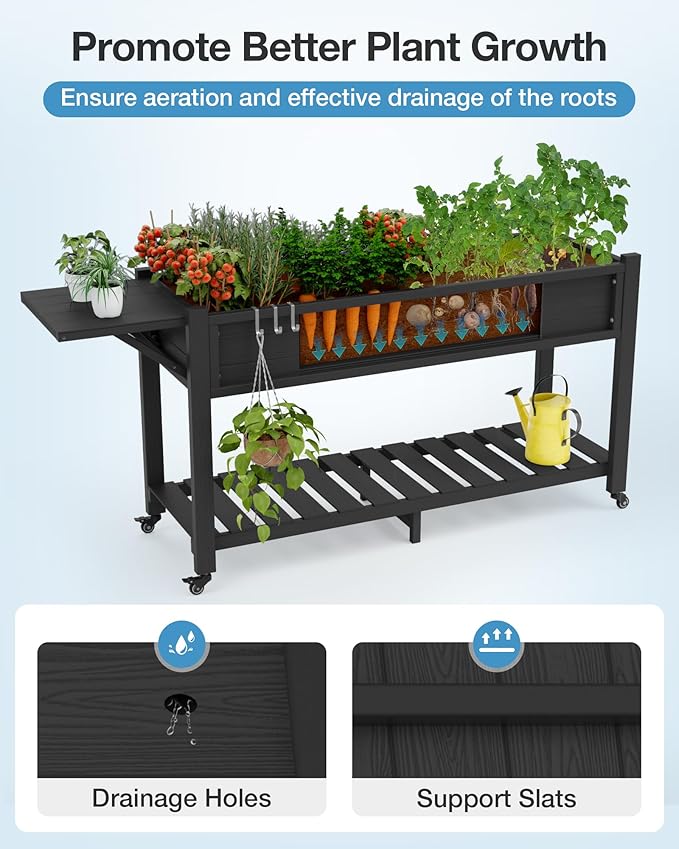 YEFU Raised Garden Bed with Legs: 57x18x30in Elevated Poly Planter with WheelsWaterproof Mobile Raised Bed Garden Elevated Planter Box Stand with Storage ShelfFor DeckPatioPorchYard (Black2pcs)