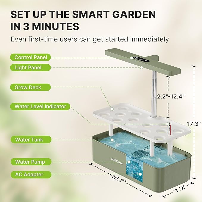 SUNCOZE Hydroponics Growing System Kit 12 Pods 24W LED Grow Light Indoor Garden 4L Water Tank with Quiet Pump Adjustable Height Herb Garden Planter Indoor Kit Gardening Gifts Green