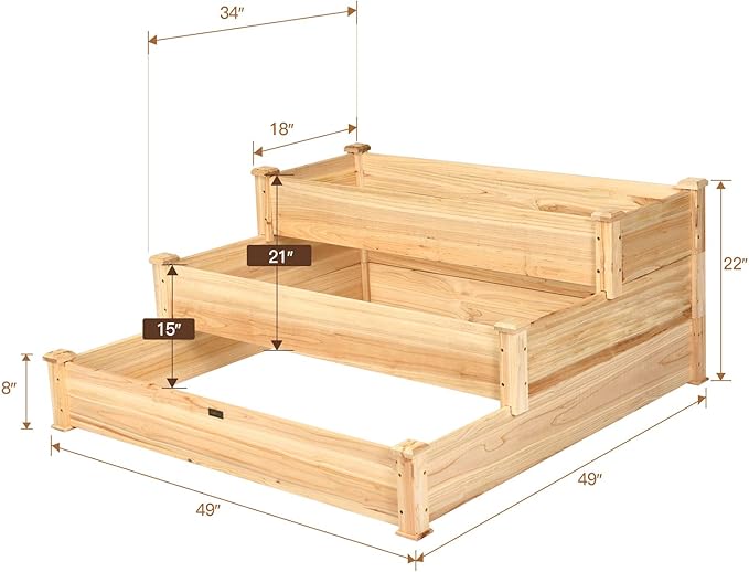 Giantex 3 Tier Raised Garden Bed Wood Elevated Planter Box Vegetable Flower Growing Bed Kit Outdoor Planting Container for Backyard Lawn Patio Planter Raised Beds Easy Assembly 49X49X22