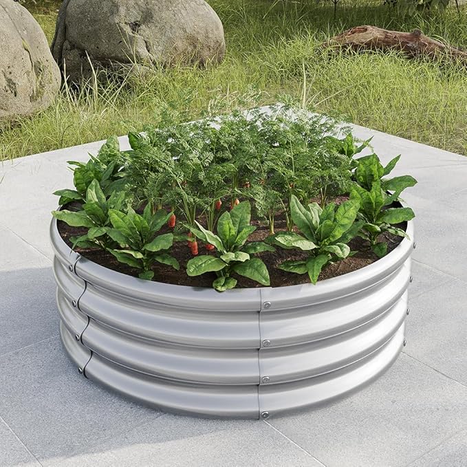 Round Galvanized Raised Garden Bed kit Steel Fire Pit Ring Flower Planter Metal Above Ground Boxes Kit Patio Ground Planter for Planting Vegetables and HerbSilver32.1×11.4