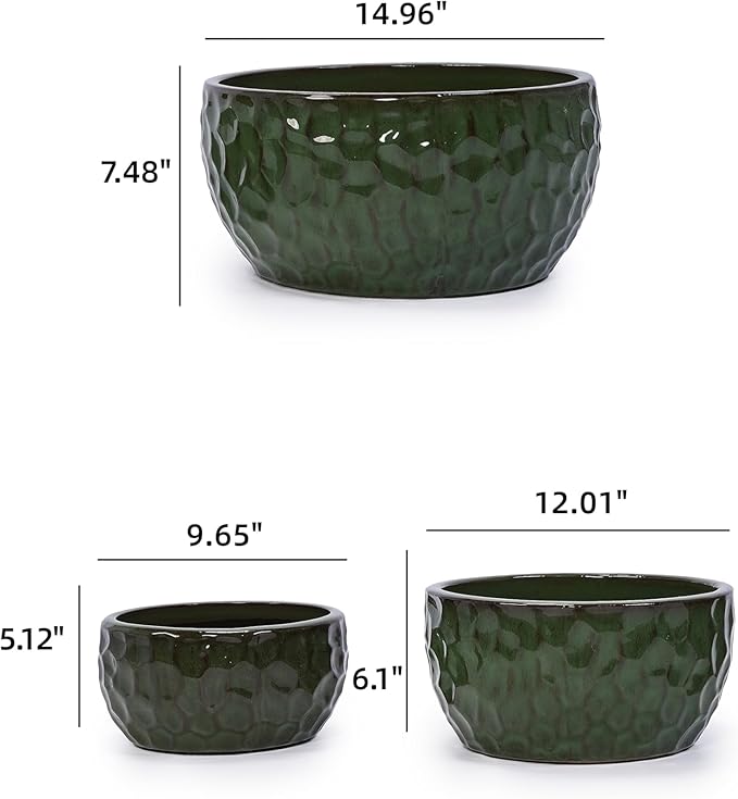 Handmade Glazed Ceramic Planter Set of 3 151210 Inch Diameter Hammered Pattern for Ficus Outdoor G Indoor Staircase Use Breathable Clay with Drainage Holes Solid Green