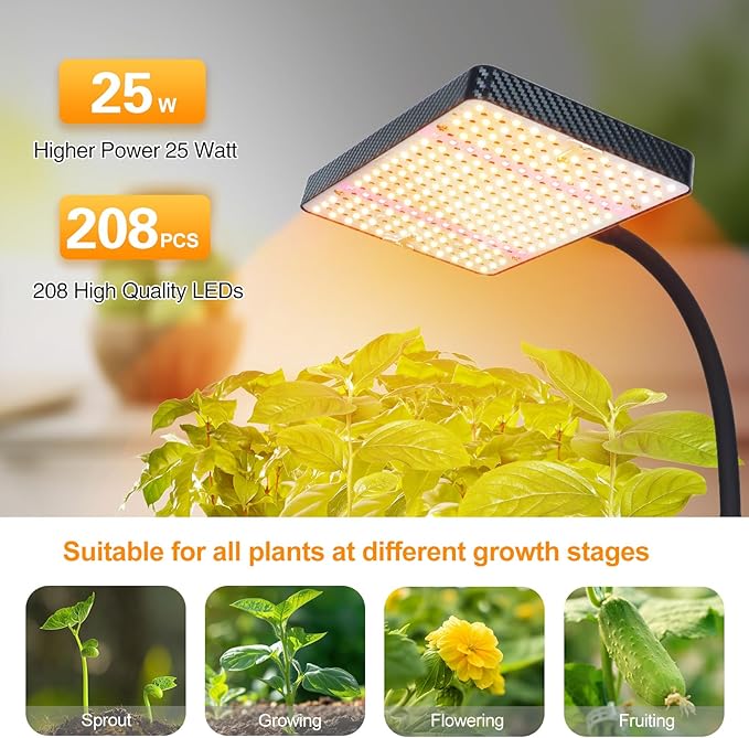 FECiDA 2026 Grow Lights with Stand Standing Grow Lights for Indoor Plants Bonsai Tree 4/8/12/16/20H Timer 25 Watt Power Draw NO Need Adapter Daisy Chain Function 24-64 Height Adjustable