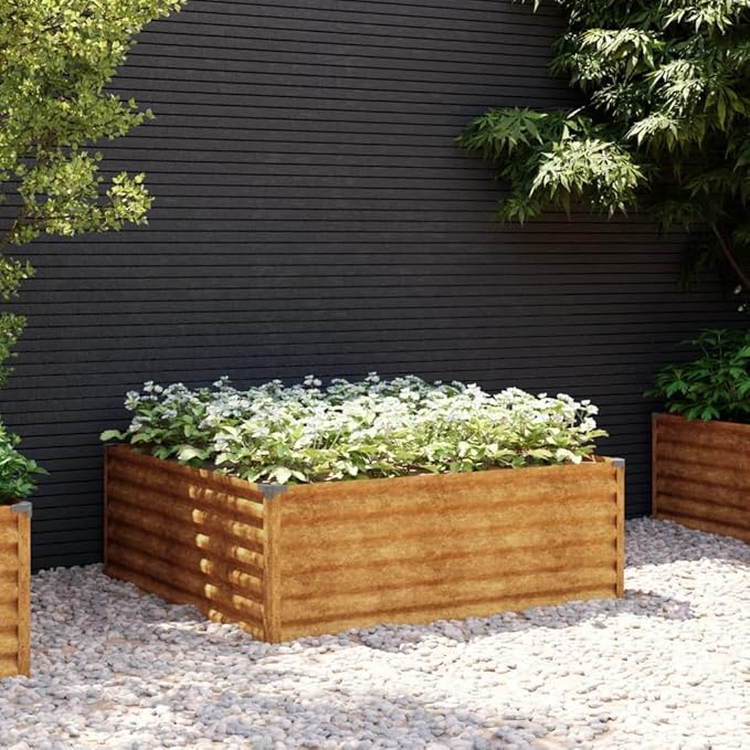Galvanized Steel Garden Bed 39.4x39.4x14.2 in Square Retaining Metal Cage for Landscape Fencing Walls Balcony Patio Raised Garden Baskets Brown