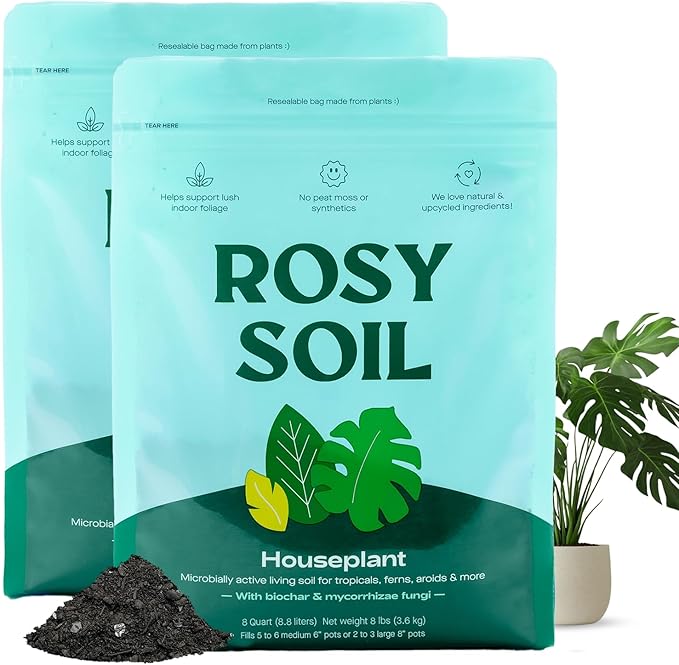 Rosy Soil Indoor Potting Soil for House Plants 2 x 8 qrt - Organic Potting Soil Mix for Indoor Plants -Enriched w/Root-Boosting Biochar for Foliage Plants Flowers Herbs - Pack of 2
