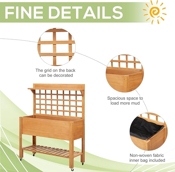 Outsunny 41 Raised Garden Bed with Trellis on Wheels Wooden Elevated Planter Box with Legs and Bed Liner for Flowers Herbs &amp Vegetables Brown