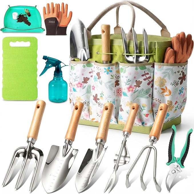Garden Tool Set 11-Piece Heavy Duty Gardening Hand Tools - Rust-Resistant Stainless Steel with Durable Stylish Garden Tools Organizer Tote Bag | Ideal Gardening Gift for Women &amp Garden Enthusiasts