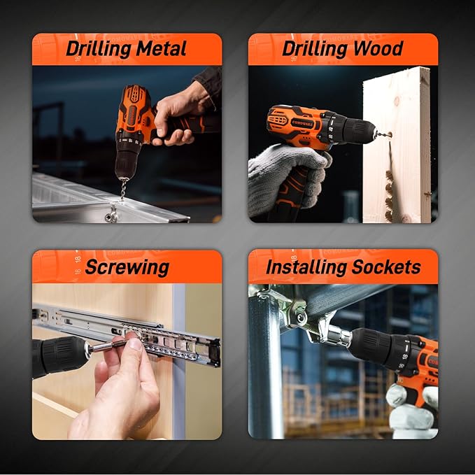 COMOWARE Household Tool Set with 12V Cordless Drill Driver Hand Tool Kit for Men Power Drill Set with Plastic Toolbox Ideal for Office Garden DIY Project Orange