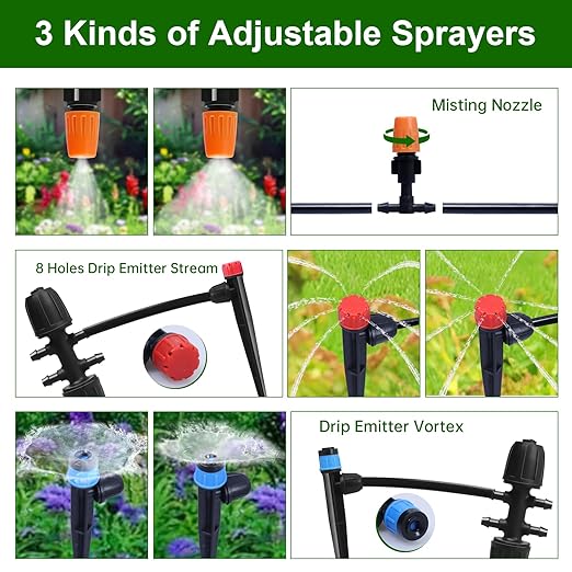 260 FT Drip Irrigation System Kit Automatic Garden Watering System with 2/5 &amp 1/4 Tube for Greenhouse Lawn Raised Bed Micro Misting Plant Sprinkler System Adjustable Drip Emitters