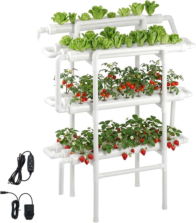 VEVOR Hydroponics Growing System Kit 3-Tier 90 Sites UPVC Pipe Hydroponic Grow Kit with Timed Irrigation Sun &amp Light Blocking Pipes Indoor Home Garden Vegetable Planting Grow Kits for Fruit Her
