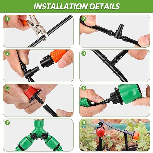 LasTool 164FT Drip Irrigation KitAutomatic Garden Watering System with 1/4 TubingAdjustable Mist Sprayer Nozzles &amp Drip Emitters for Raised BedPatioLawn Greenhouse-Easy DIY Installation