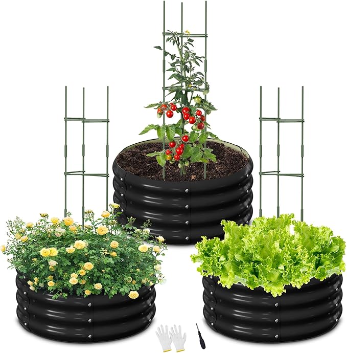 3 Pcs 2x2x1ft Round Galvanized Raised Garden Bed Kit with Tomato Cages Metal Planter Box Outdoor Raised Garden Beds for Gardening Vegetables Flowers Black