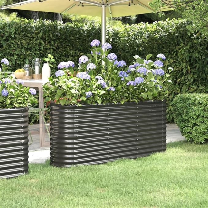 Raised Garden Bed Powder-Coated Steel 59.8x15.7x26.8 Anthracite Oval Planter Box Outdoor Elevated Flower Bed for Vegetables Herbs and Flowers