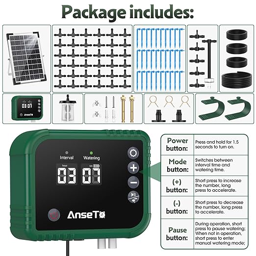 8W Solar Drip Irrigation System for Gardens DIY Automatic Drip Kit Supports Watering 30 Pots Includes 35m Drip Hose and 30 Emitters Suitable for Gardens/Greenhouses/Outdoor Irrigation Timer
