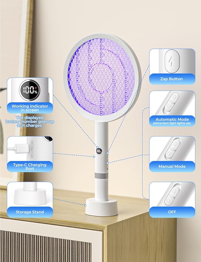 YISSVIC Electric Fly Swatter Bug Zapper Racket 4000V LED Screen Dual Modes Fly Zapper Rechargeable for Indoor Home Office Backyard Patio Camping