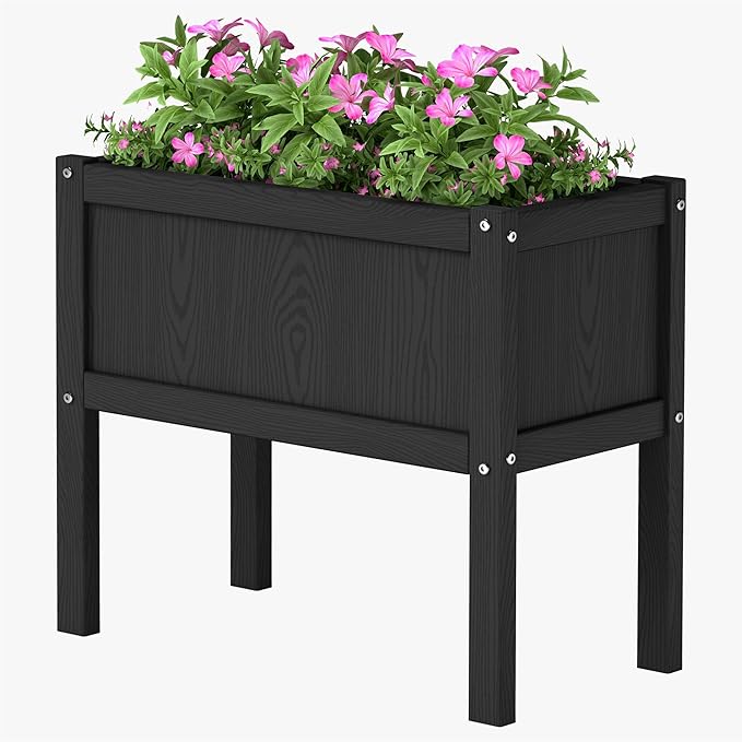 HDPE Raised Garden Bed with Legs All-Weather Outdoor Planter Box Easy to Assemble Drainage System Low Maintenance Non-Fading for Flower/Herb/Seed (Black)