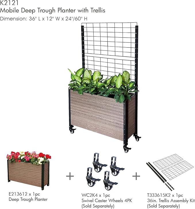 Everbloom Modular Deep Trough Wood Plastic Composite Planter in Brown 36 L x 12 W x 21 H - Grow Veggies Flowers Herbs Indoor Outdoor Narrow Space Backyard Patio Deck