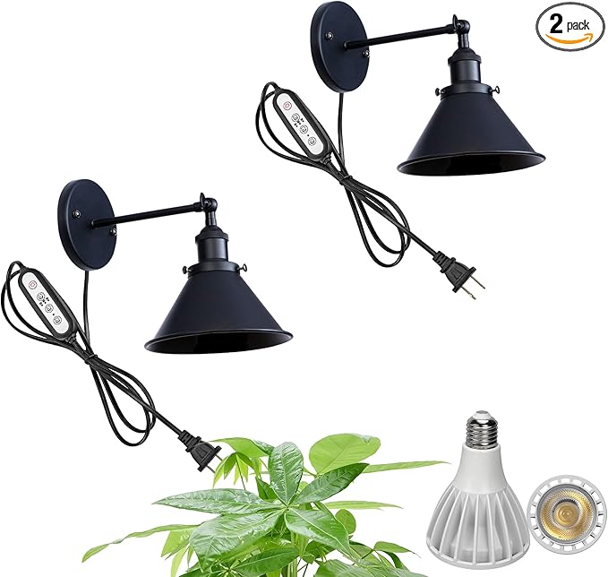 2-Pack Timing Hook Type Wall Mounted Plant Light Full Spectrum 25W 6000K White Light Vintage Black Metal Adjusted Angle Wall Lamps for Plants Flowers Indoor Growing