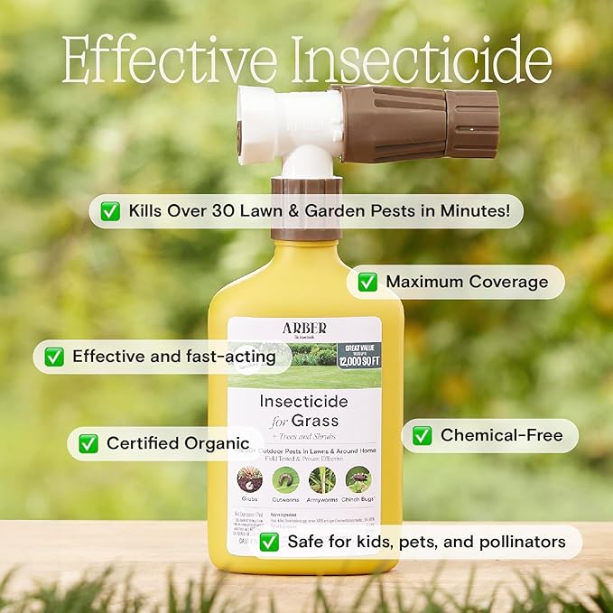 Organic Insecticide for Lawns Trees &amp Shrubs – 16oz Ready-to-Spray Hose-End – Kills Grubs Armyworms Chinch Bugs &amp Beetles – Gentle on Grass Bee-Safe Kid &amp Pet Friendly – Outdoor Yard