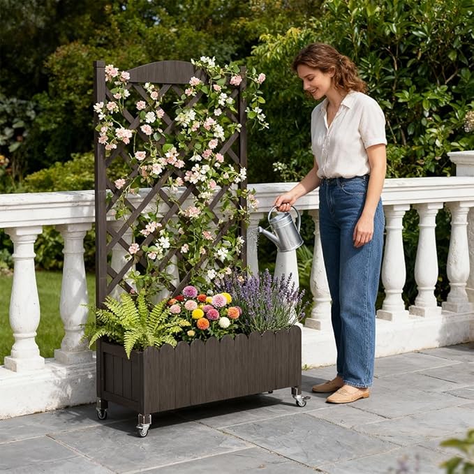 COMHOMA Raised Garden Bed with Trellis and Wheels48Inch Elevated Planter Box with Drainage HolesLattice Privacy Screen for Climbing Plants VegetablesOutdoor for Patio Balcony YardBrown