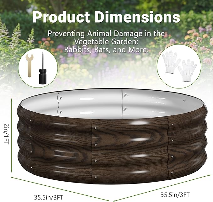DoCred 3 Pack 3x3x1Ft Round Galvanized Raised Garden Bed Metal Garden Bed Outdoor Kit for Gardening Above Ground Planter Box for Plants Vegetables Herbs Flowers Wood Grain