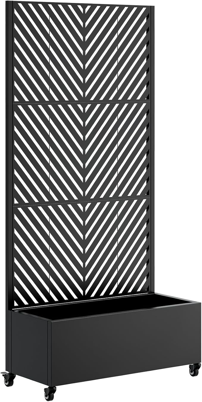 Metal Planter Box with Trellis Outdoor Raised Garden Bed with 4 Wheels Trellis Features Drainage Holes 72X47X16 Privacy Screen with Planter Box for Climbing Plants Vegetables (D-Black)