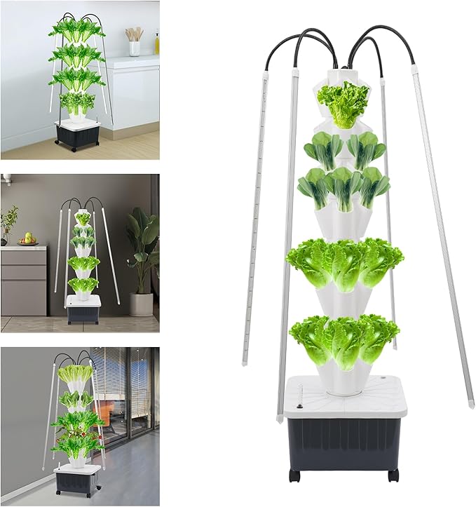 Hydroponics Growing System with Grow Light - 40-Plant Indoor Vertical Garden Planter with Pump and Wheel Hydroponic Tower for Gardening Lovers (White)