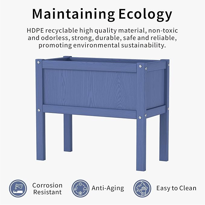 HDPE Raised Garden Bed with Legs All-Weather Outdoor Planter Box Easy to Assemble Drainage System Low Maintenance Non-Fading for Flower/Herb/Seed (Navy Blue)