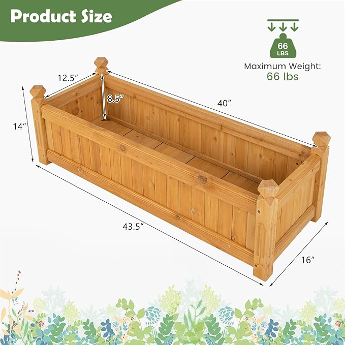 2 Pcs Wooden Raised Garden Bed 43.5 L x 16 W x 14 H Outdoor Planter Box with Drainage Holes Rectangular Garden Bed for Flowers Herbs Vegetables Fruits Backyard Patio Balcony