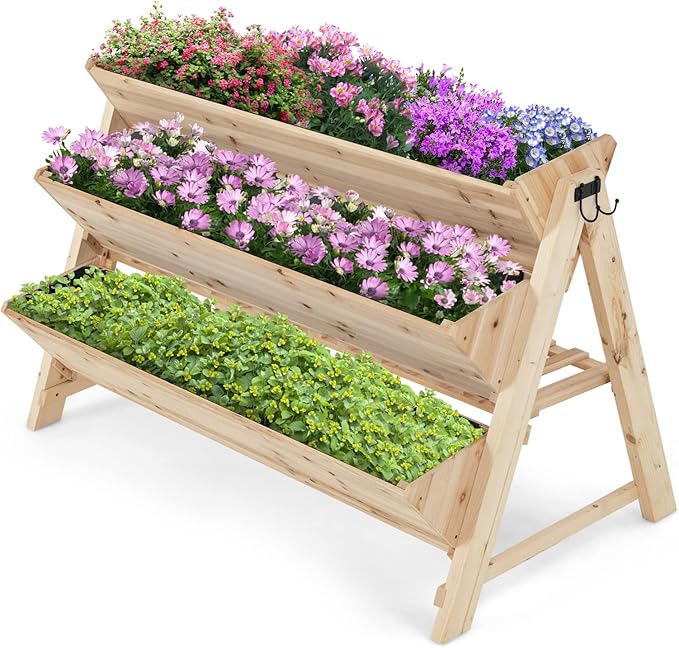 S AFSTAR 3-Tier Vertical Garden Bed Wooden Elevated Planter Bed with Legs Storage Shelf 2 Hooks Raised Bed Kit for Flower Vegetable Herb Outdoor Plant Box Stand for Yard Garden &amp Balcony