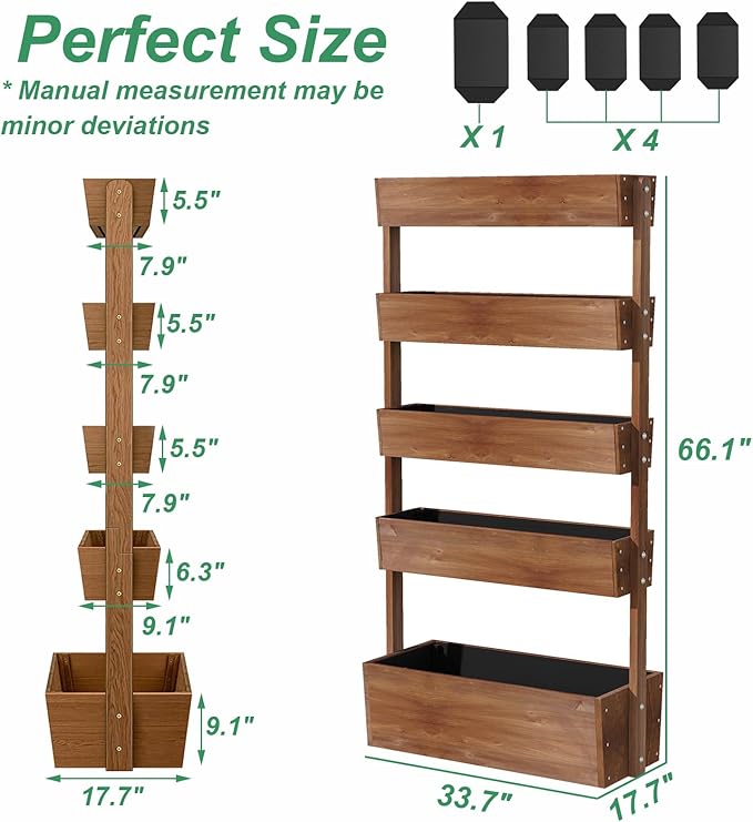 Vertical Raised Garden Bed5 Tier Wooden Garden PlantersAdjustable Freestanding Plant Stand Flower RankWooden Planters for Outdoor Indoor Balcony GardenHerb Vegetables Flowers33x17x66Brown