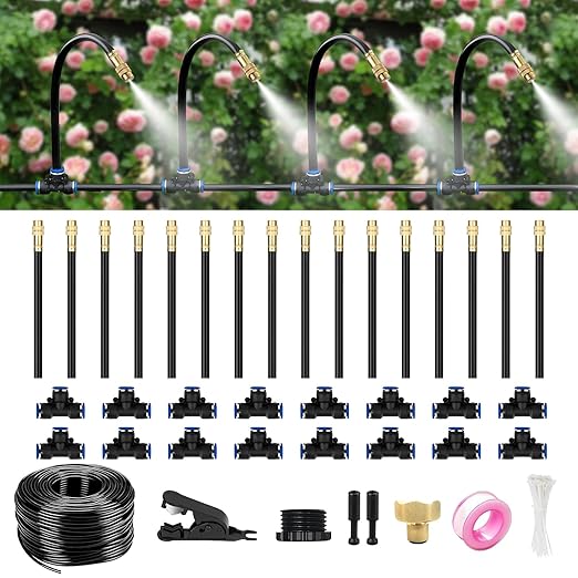 50FT Drip Irrigation System for Garden – Automatic Watering Kit with Solid Brass Metal Connectors 360° Bendable Tubing &amp16 Adjustable Nozzles for Greenhouse Lawn Yard &amp Plants