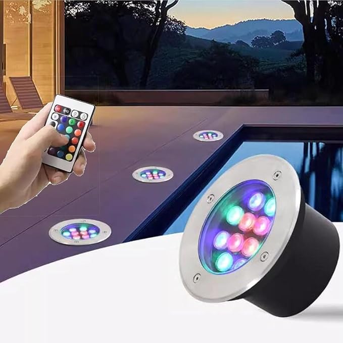 LED Underwater Fountain Light - RGB Color Change Outdoor Spotlights with RF Remote Control Recessed Spotlight IP68 Waterproof Buried Garden Lamp LED Underwater Recessed Spotlight(9w24v)