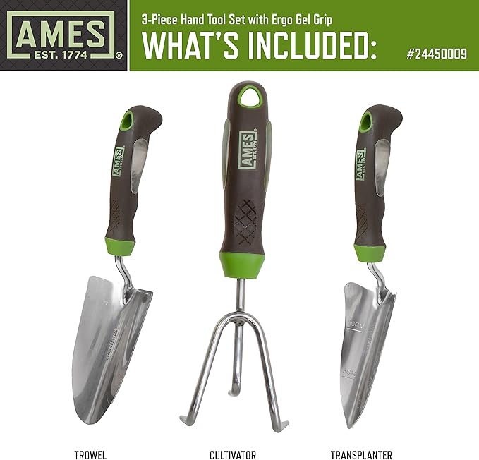 AMES 24450009 3-pc. Ergo Gel Grip Garden Tool Set with Hand Trowel Transplanter &amp Cultivator