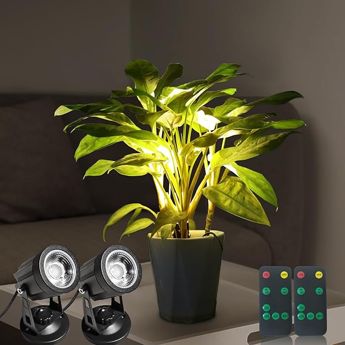 2 Pack LED Spot Lights Indoor Dimmable Accent Lighting Uplights with Remote 7.5 ft Cord Adjustable Warm White Aluminum Finish Up Light for Plants Art Decor (Including Base and Stake)