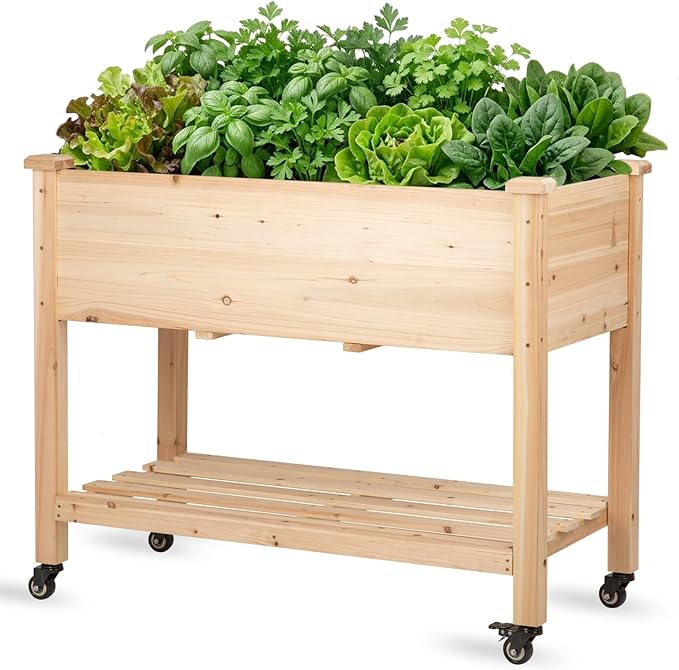 Raised Garden Bed with Lockable Wheels 40x24x32 inch Elevated Wood Planter with Storage Shelf Protective Liner for Vegetable Flower Herb Outdoor Balcony Patio Backyard Natural