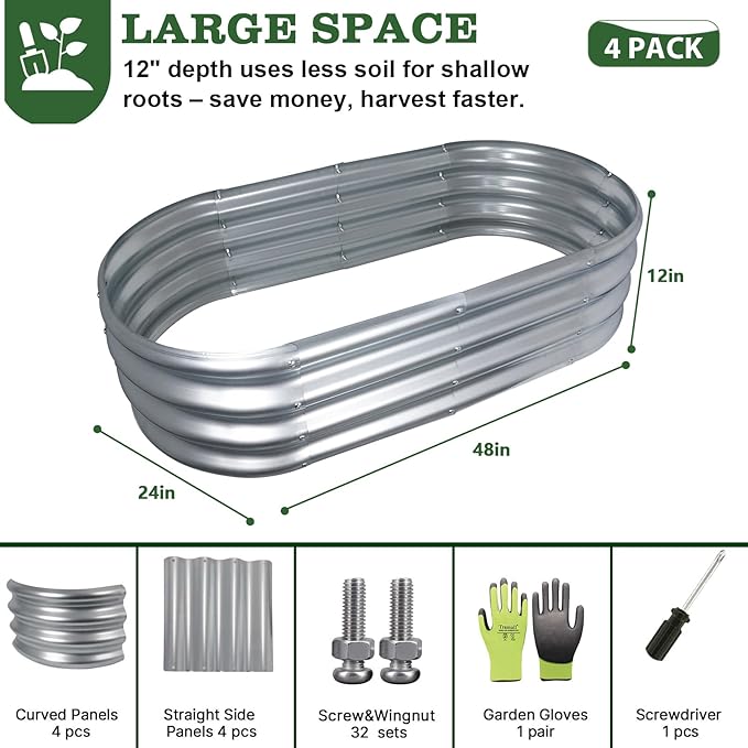 4x2x1 ft Galvanized Raised Garden Bed Outdoor 4-Pack 12 Tall Metal Planter Boxes for Planting Vegetables Flowers Herbs Tomato - Corrugated Rust-Resistant Elevated Garden Beds Kit Silver